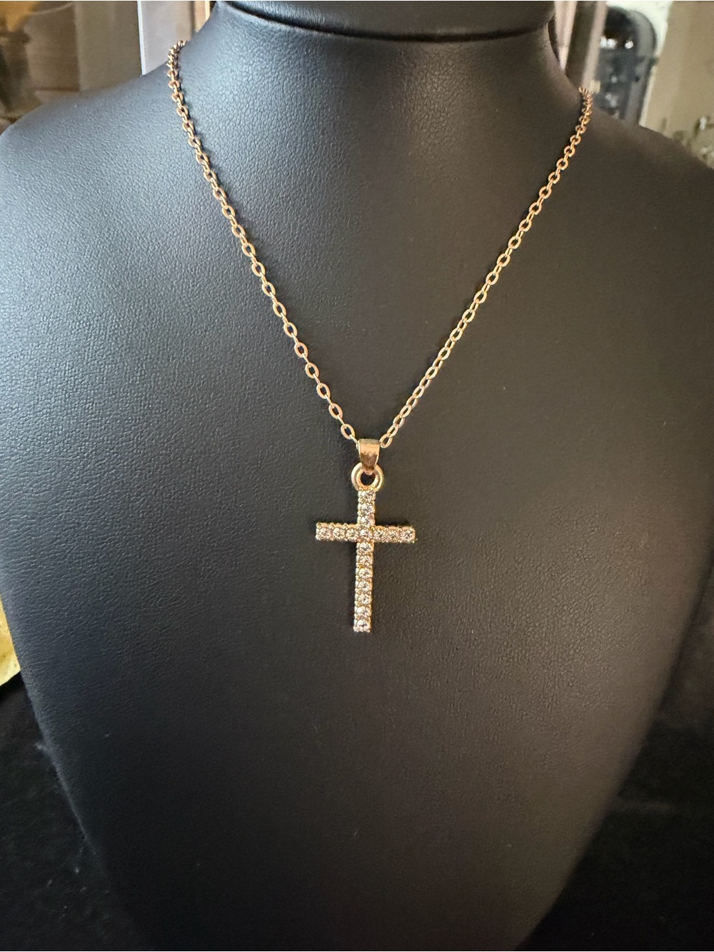 Gold Cross Pendant Necklace with Crystal Accents